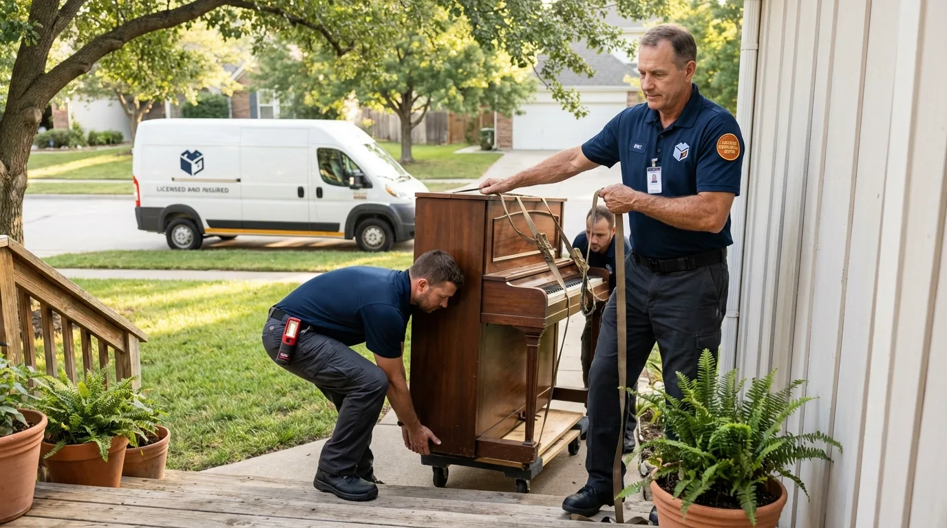 Licensed piano movers securing grand piano in Sumner, IA