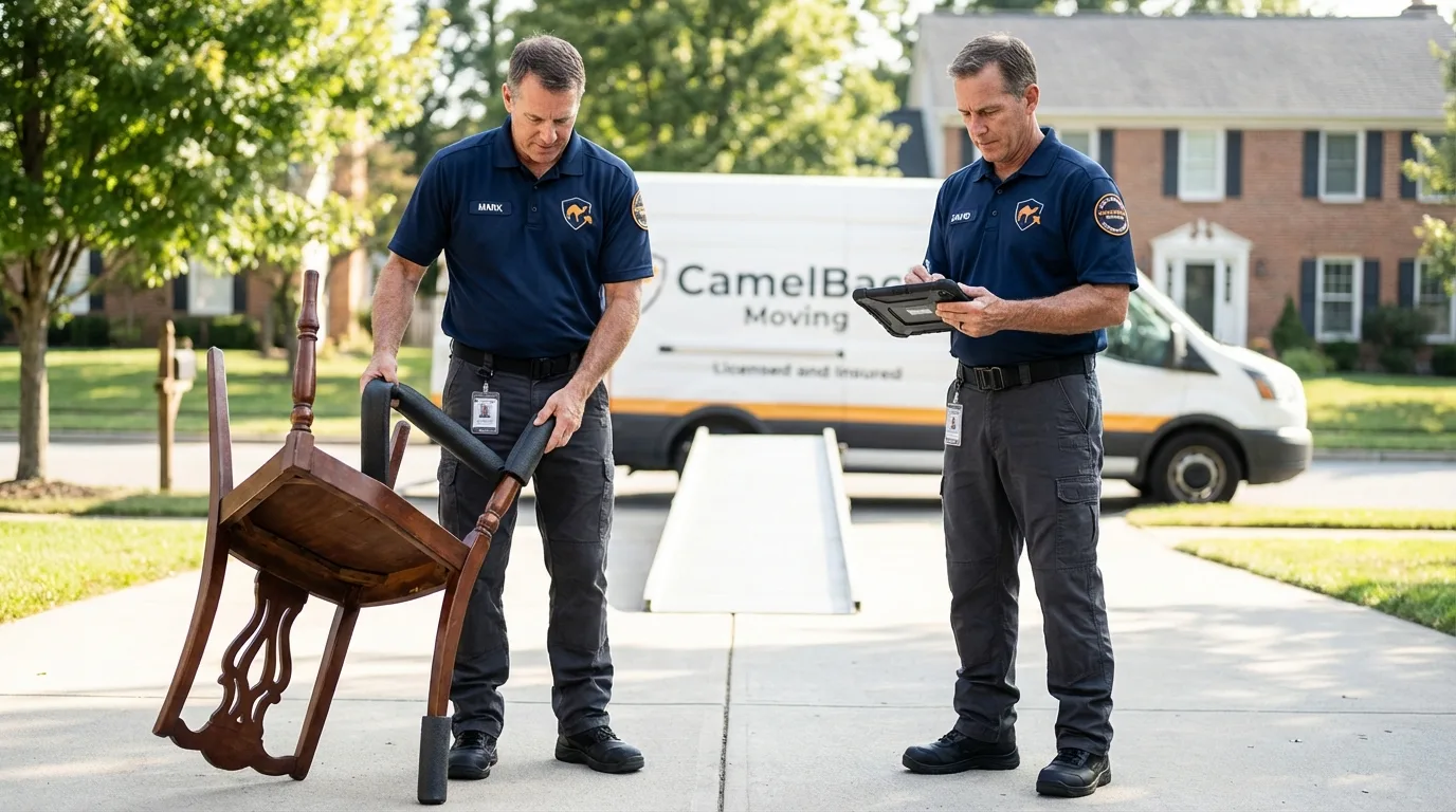 Movers inspecting furniture for damage prevention before loading in Sumner, IA