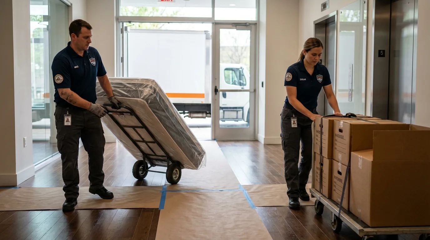 Professional apartment movers loading elevator in Sumner, IA