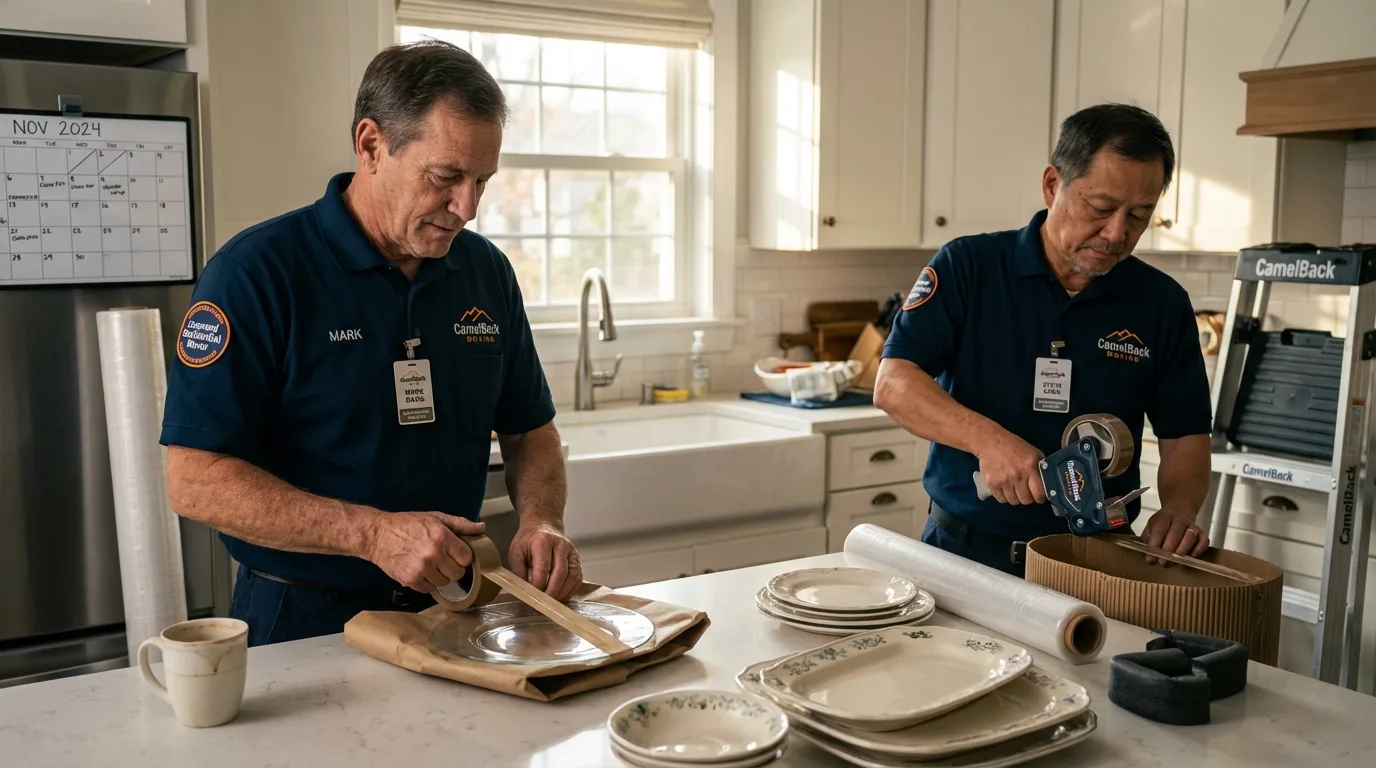 Professional crew packing kitchen dishware in Sumner, IA